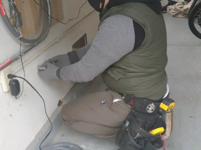Electrician performing outlet wiring in a Rineyville garage